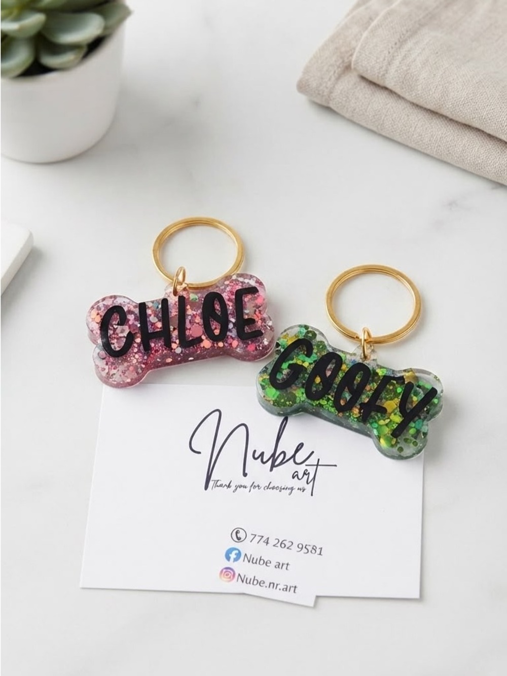 Personalized Glitter Dog Bone Keychain - Pink & Green